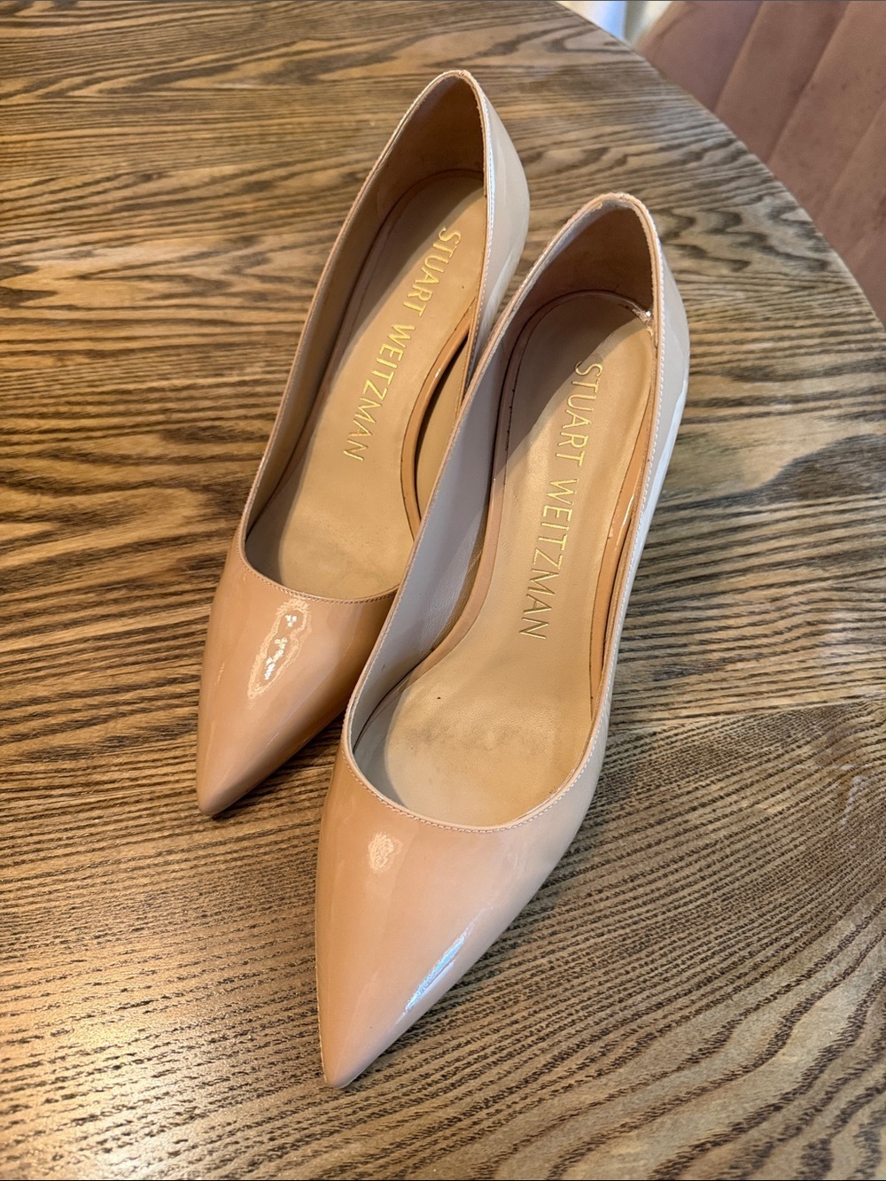 Stuart Weitzman Nude Patent Pointed-Toe Pumps